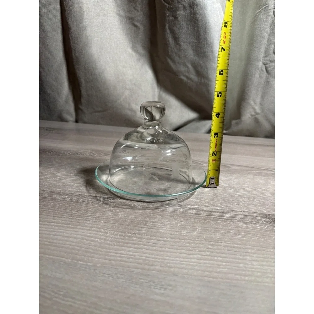 Vintage Etched Glass Butter Dish with Domed Cloche Lid Floral Clear 2 Piece Set